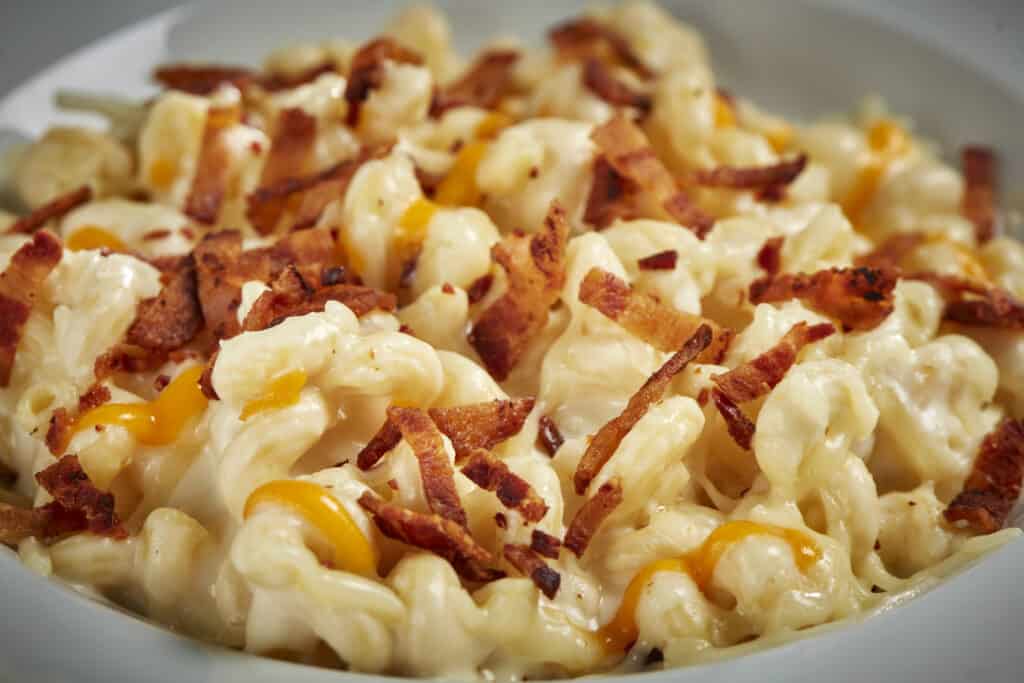 Cavatappi noodles tossed in our hand-crafted six cheese sauce topped with double smoked bacon. $14.99